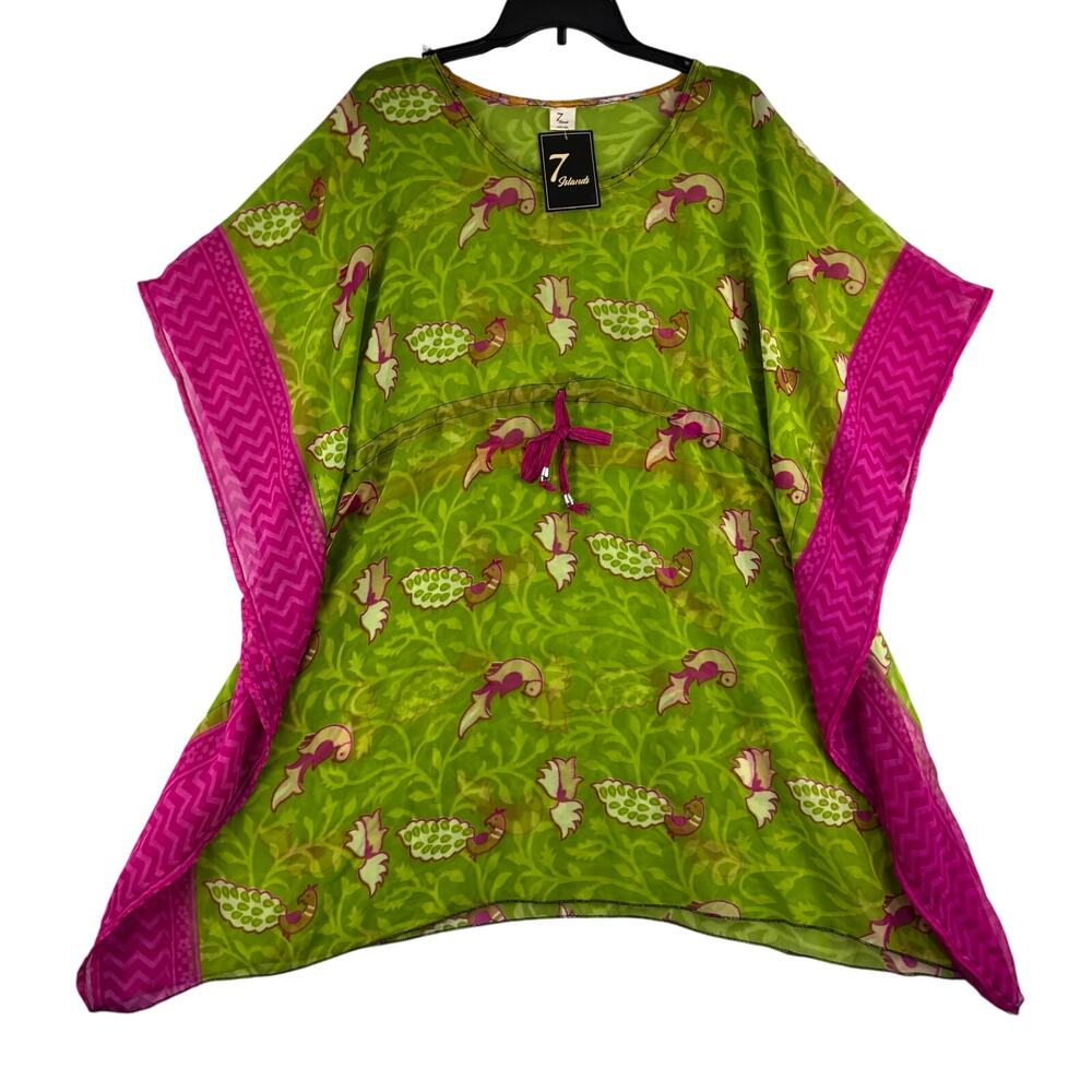 7 Islands Womens OS Sheer Swim Coverup Poncho Beach Pink Green Peacock Print NWT